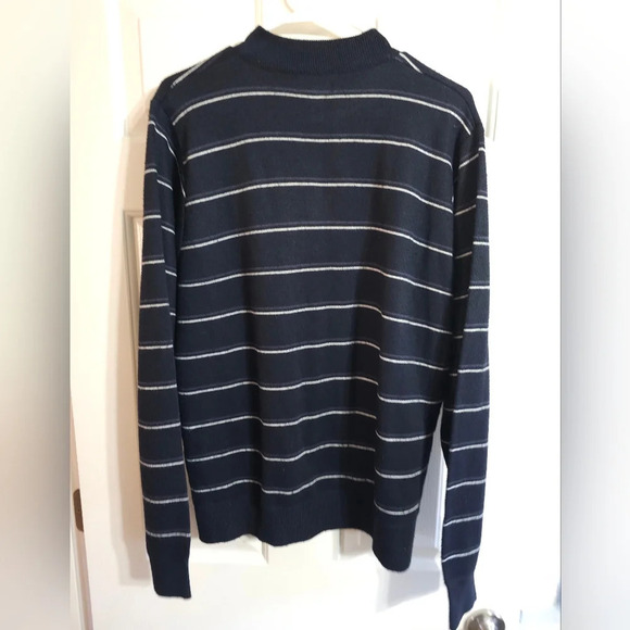 Line 48 Mens Large Navy Blue White Stripe 1/4 Zip Mock Neck Sweater Preppy VTG - Picture 3 of 8